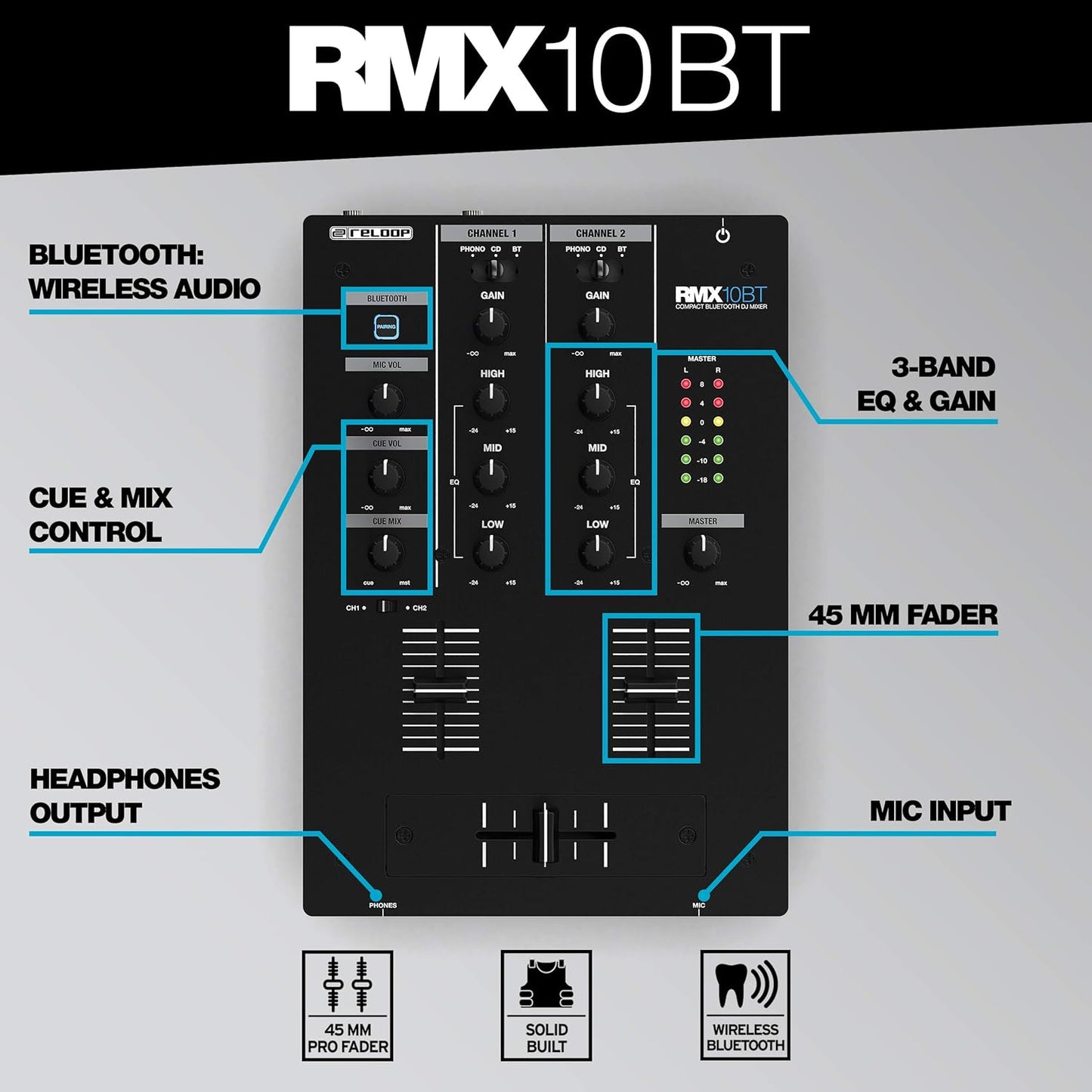 Reloop RMX-10 BT 2-Channel Bluetooth DJ Mixer – Compact Metal Design