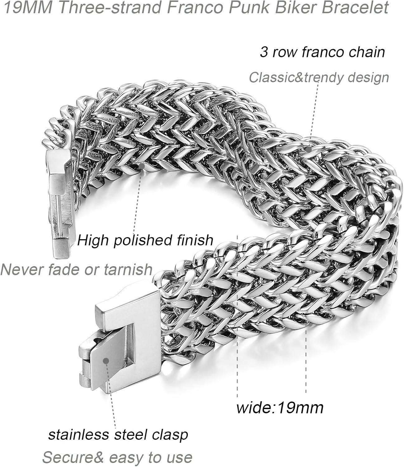 LOYALLOOK 19MM Stainless Steel Cuban Curb Link Men's Bracelet