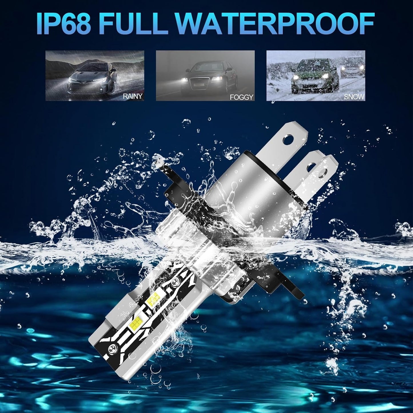 AUXIRACER H4 LED Bulbs 80W 6500K Cool White 12V IP68 Waterproof 1:1 Mini Size Plug-N-Play for Car Pack of 2