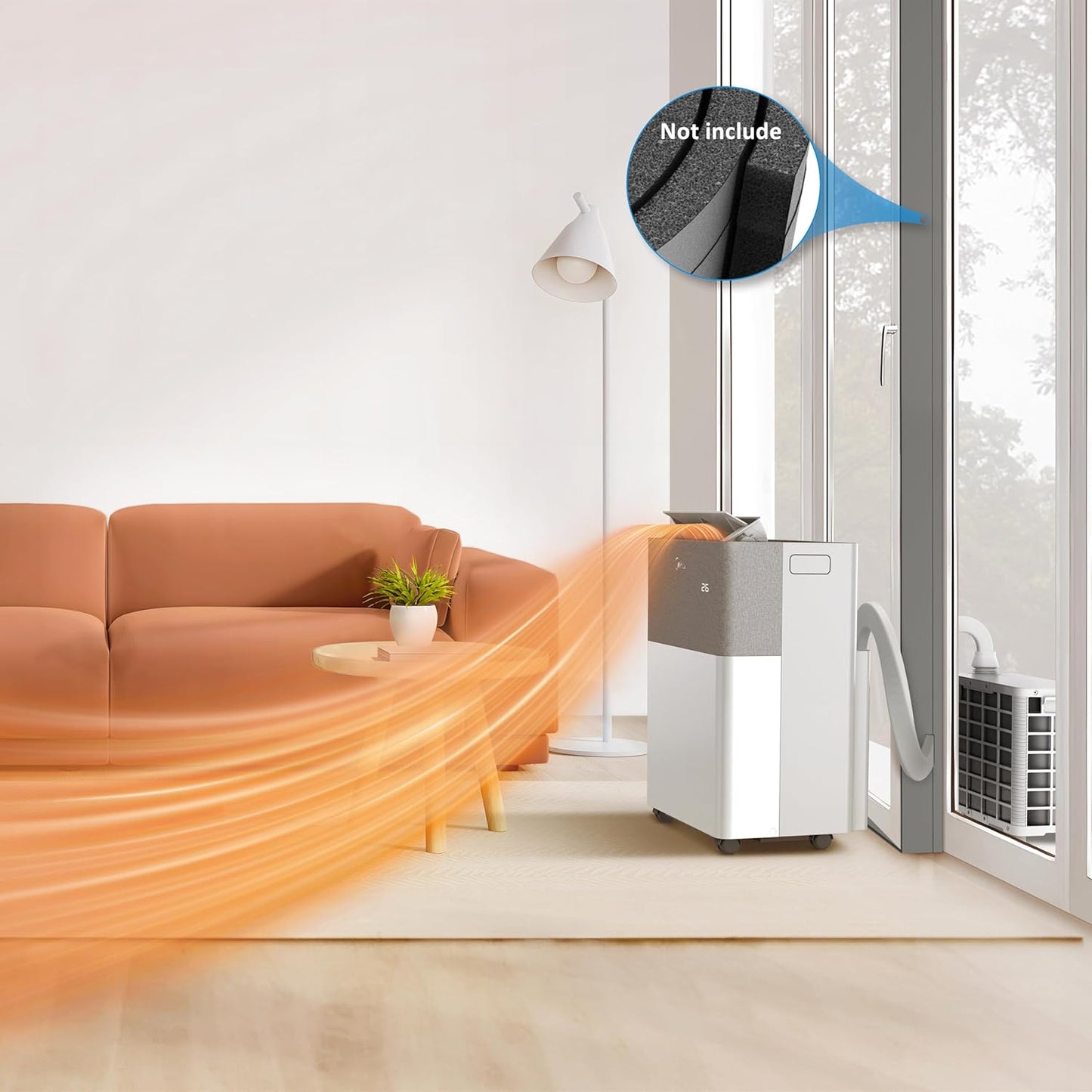 Air purifier in a living room with a window and sofa.
