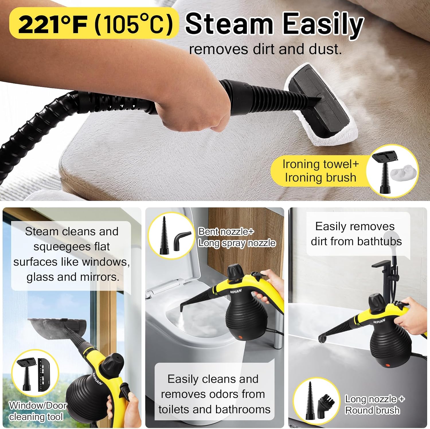 AKPIAN Handheld Pressurized Steam Cleaner with 10-Accessory Set