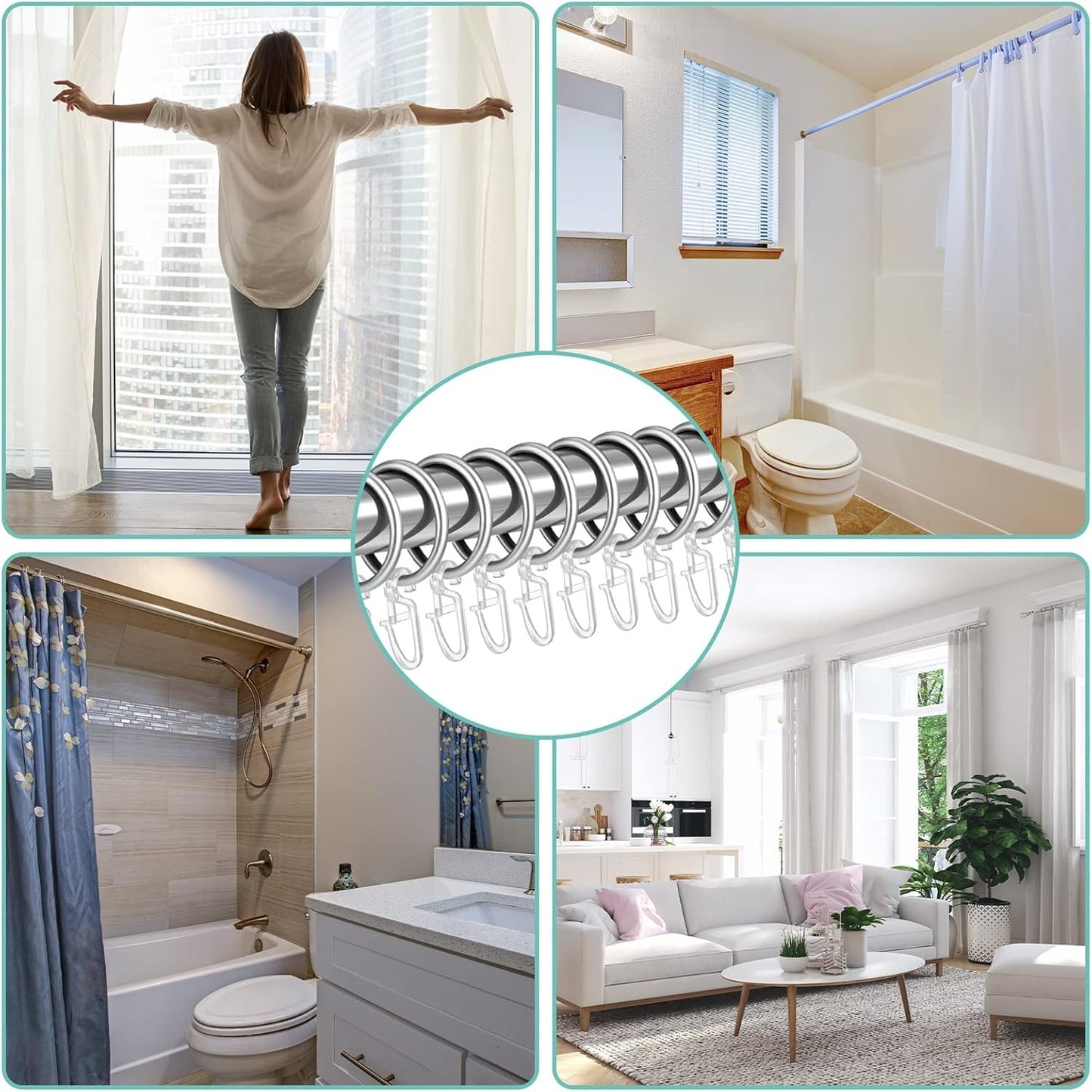 30 Piece Silver Metal Curtain Rings with Plastic Hooks