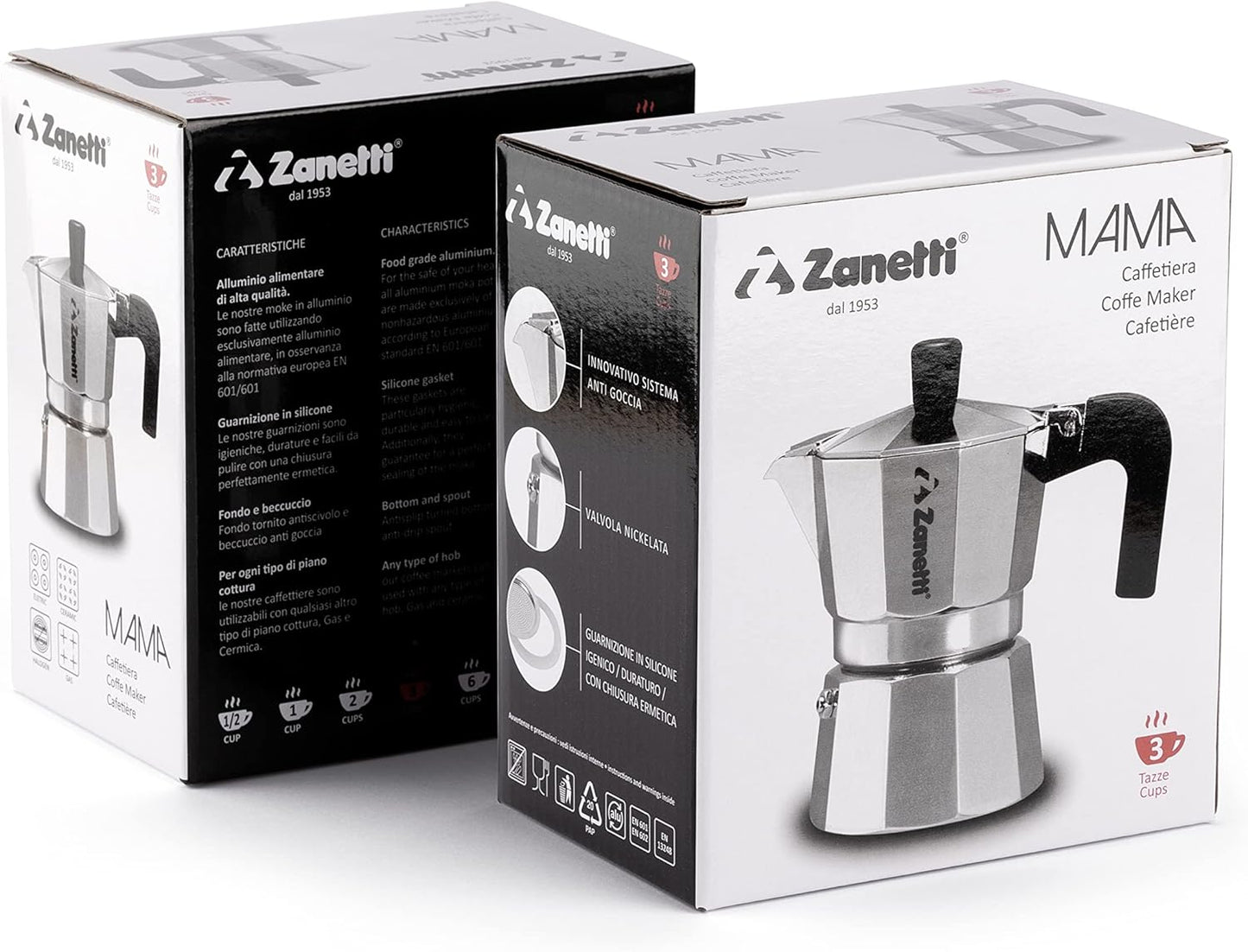 Zanetti Mama Aluminium Espresso Maker – 1‑Cup Moka Pot with Anti‑Drip