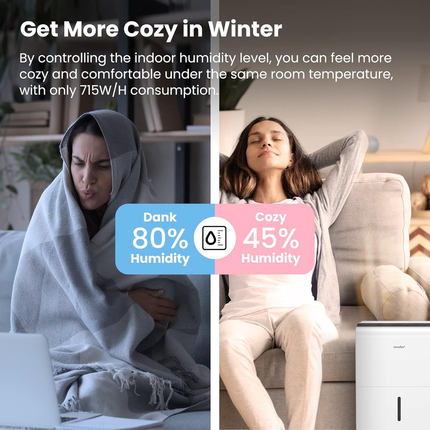 Comfee 30 Pint Dehumidifier for Large Rooms, Smart Dehumidification, 24-Hour Timer