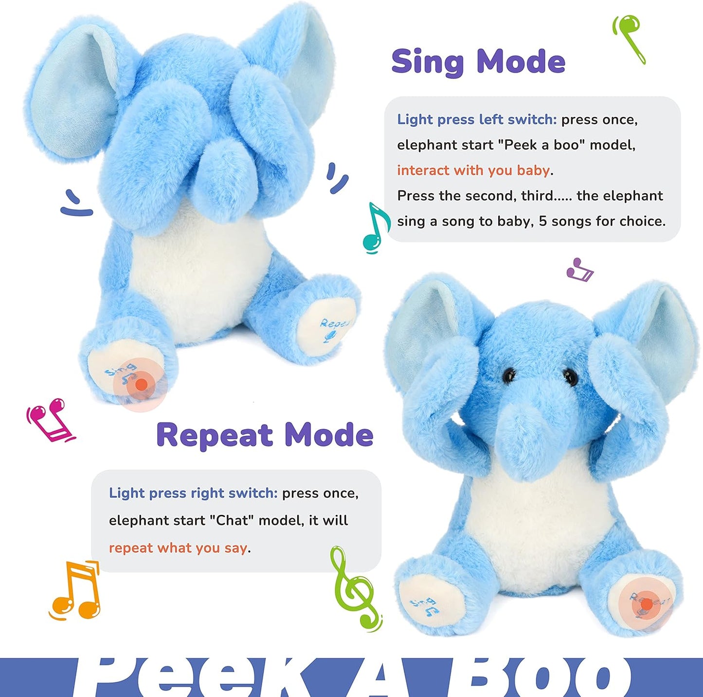 Hopearl Peek-A-Boo Interactive Singing Soft Elephant Plush Toy Blue