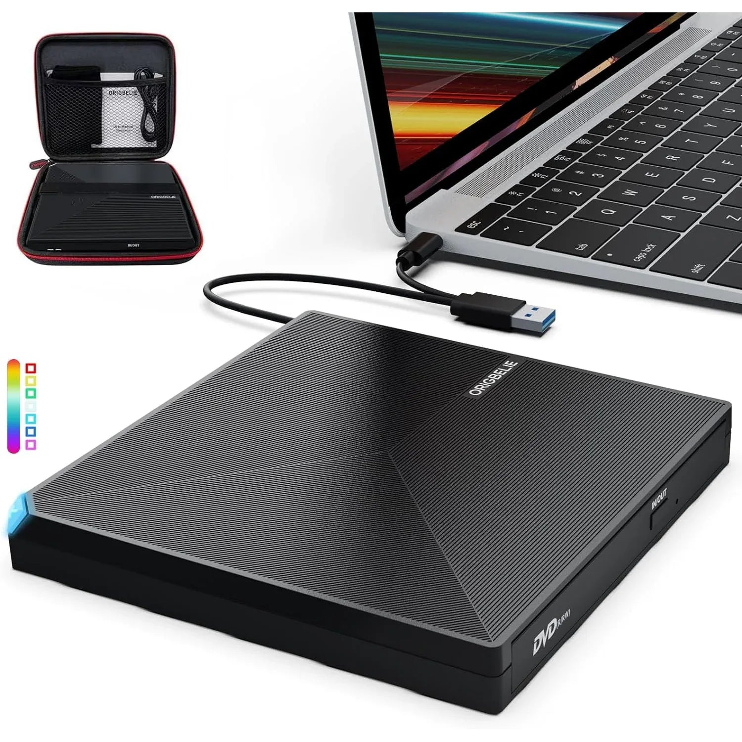 ORIGBELIE Portable USB 3.0 External CD/DVD Burner with RGB - Gomix Brands Outlet