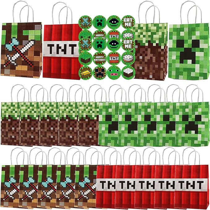 24 Pack Green Pixel Gift Bags with Top Handles
