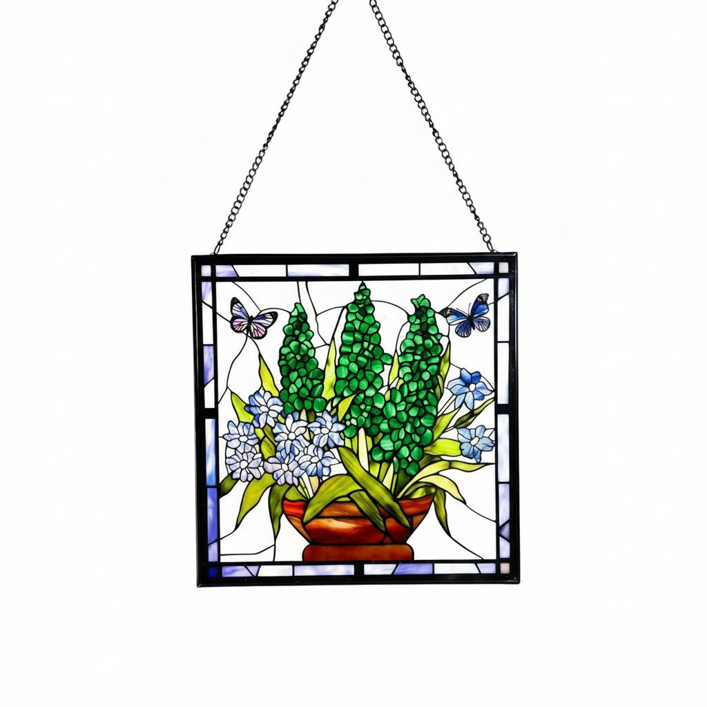 Bluebonnet Blue Iris Butterfly Stained Glass Suncatcher - 7.8inch Square Panel