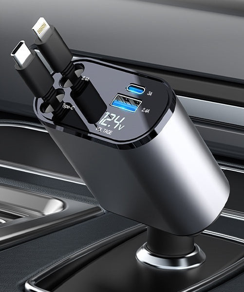 KAMISAFE 4-in-1 Retractable Car Charger 66W USB-C & Lightning 800mm
