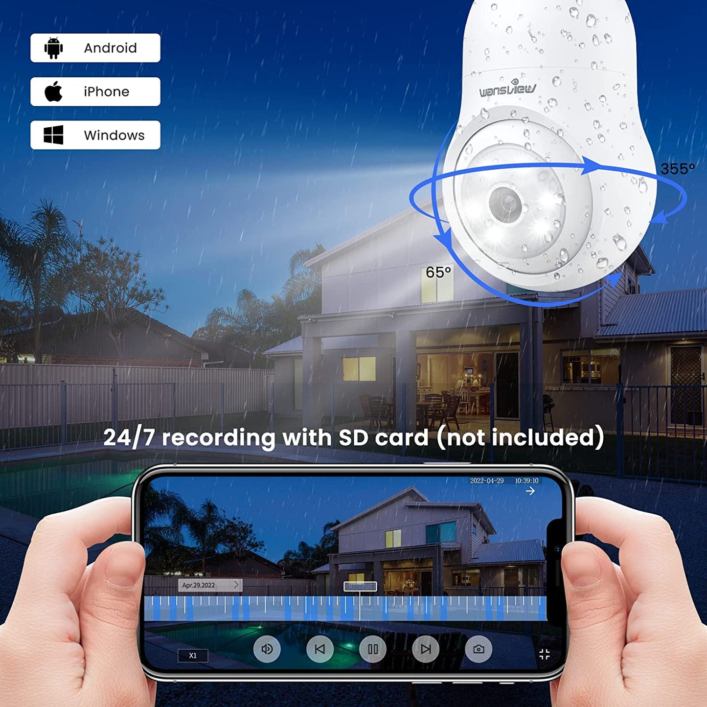 Wansview G6 2K Light Bulb Camera 365° Pan 55° Tilt Color Night Vision IP63 Two-Way Audio