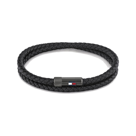 Tommy Hilfiger Men's Braided Black Leather Bracelet with Iconic Clasp