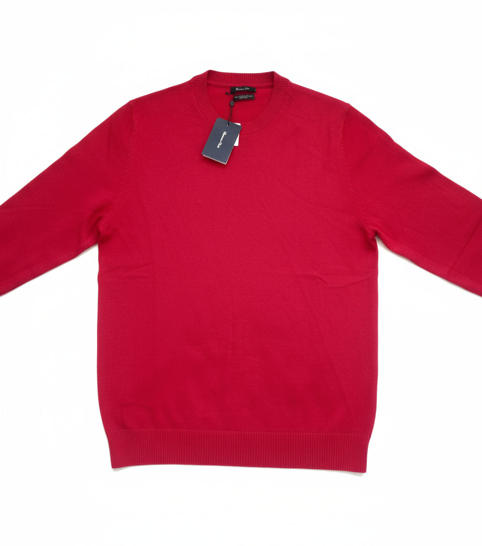 Massimo Dutti Men's Cherry Red Extrafine Cotton Merino Wool Knit Sweater