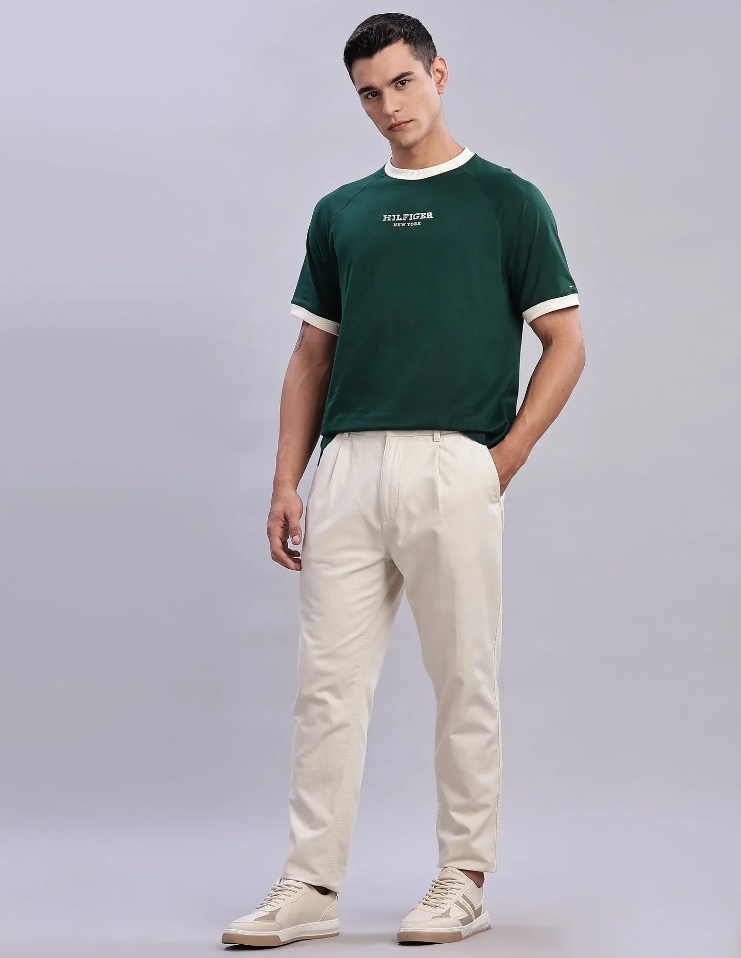Tommy Hilfiger Men's Beige Solid Cotton Relaxed Fit Casual Trousers Comfort - Gomix Brands Outlet