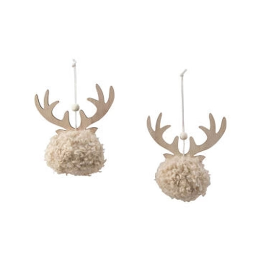 Two decorative items with antlers and pom-pom balls on a white background