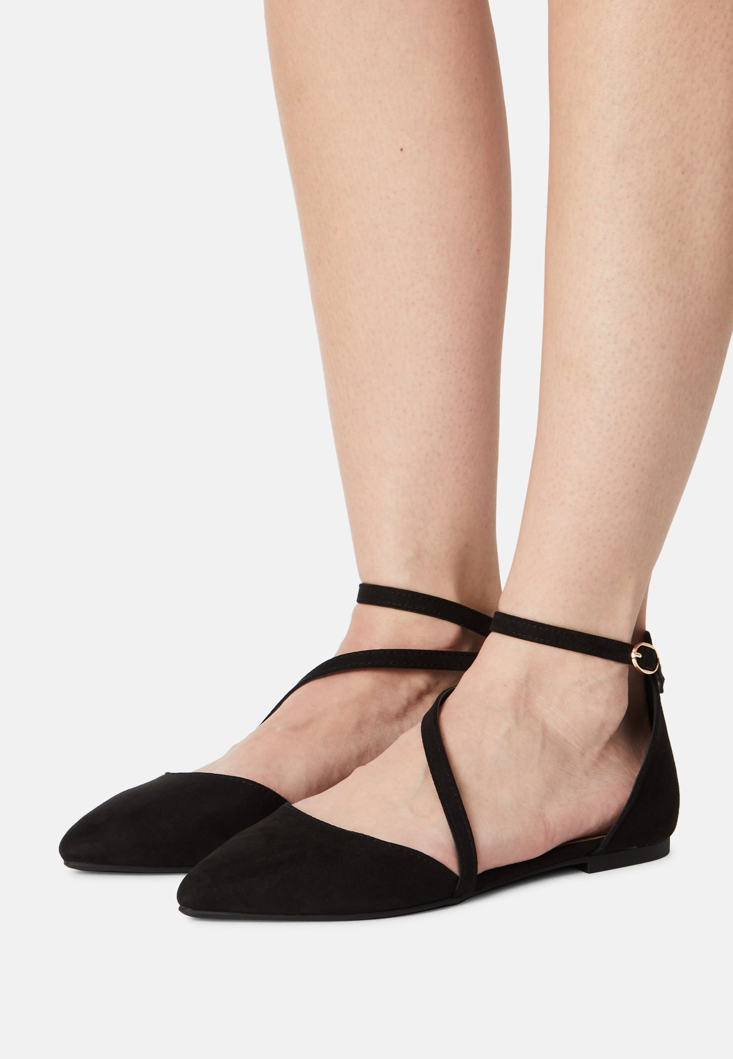 Chic Anna Field Wide Fit Black Ankle Strap Pointed Toe Ballet Flats