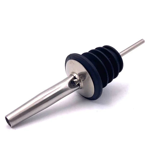 Bottle stopper with a metallic body and black rubber end on a white background