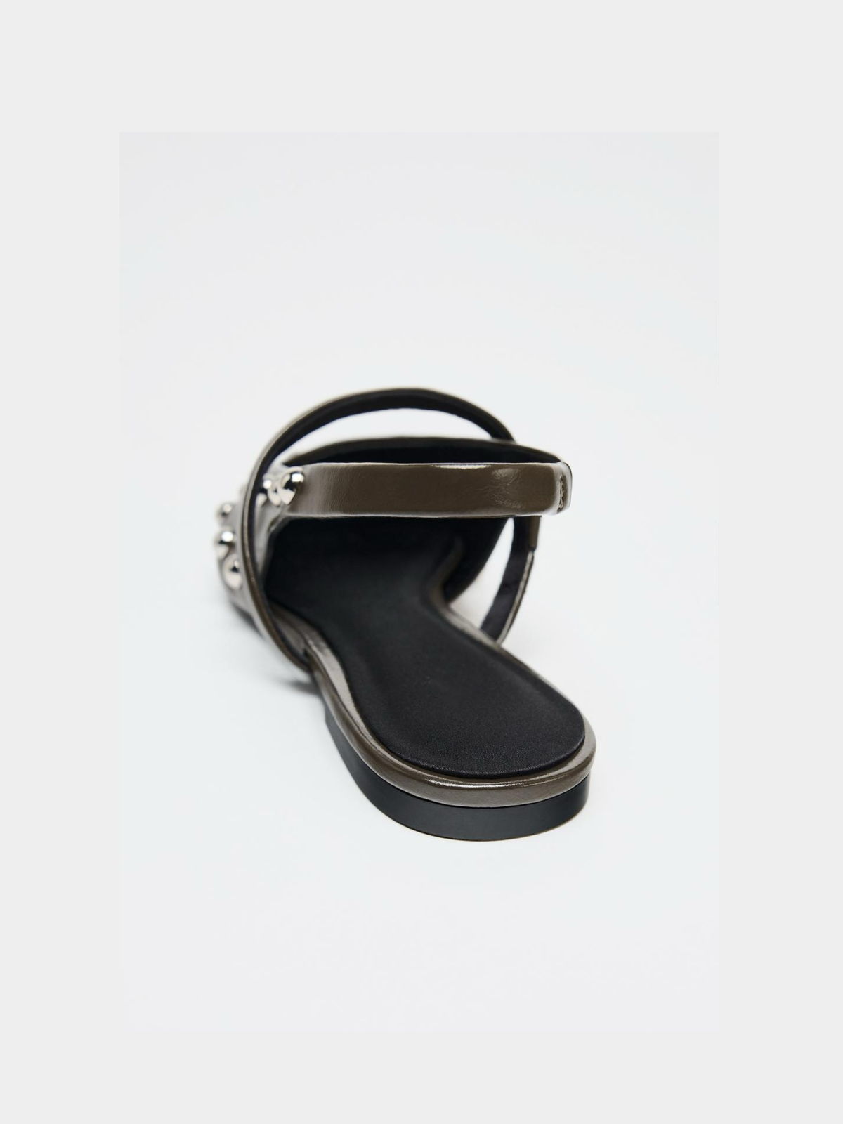 Brown Pointed-Toe Bridge Strap Slingback Studded Vegan Leather Flats