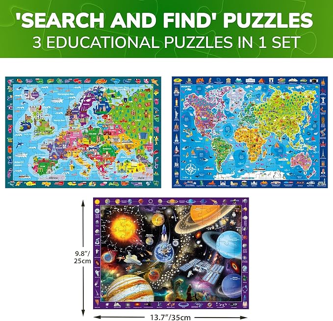 QUOKKA 100-Piece Educational Floor Puzzle x3 – World, Europe, Space