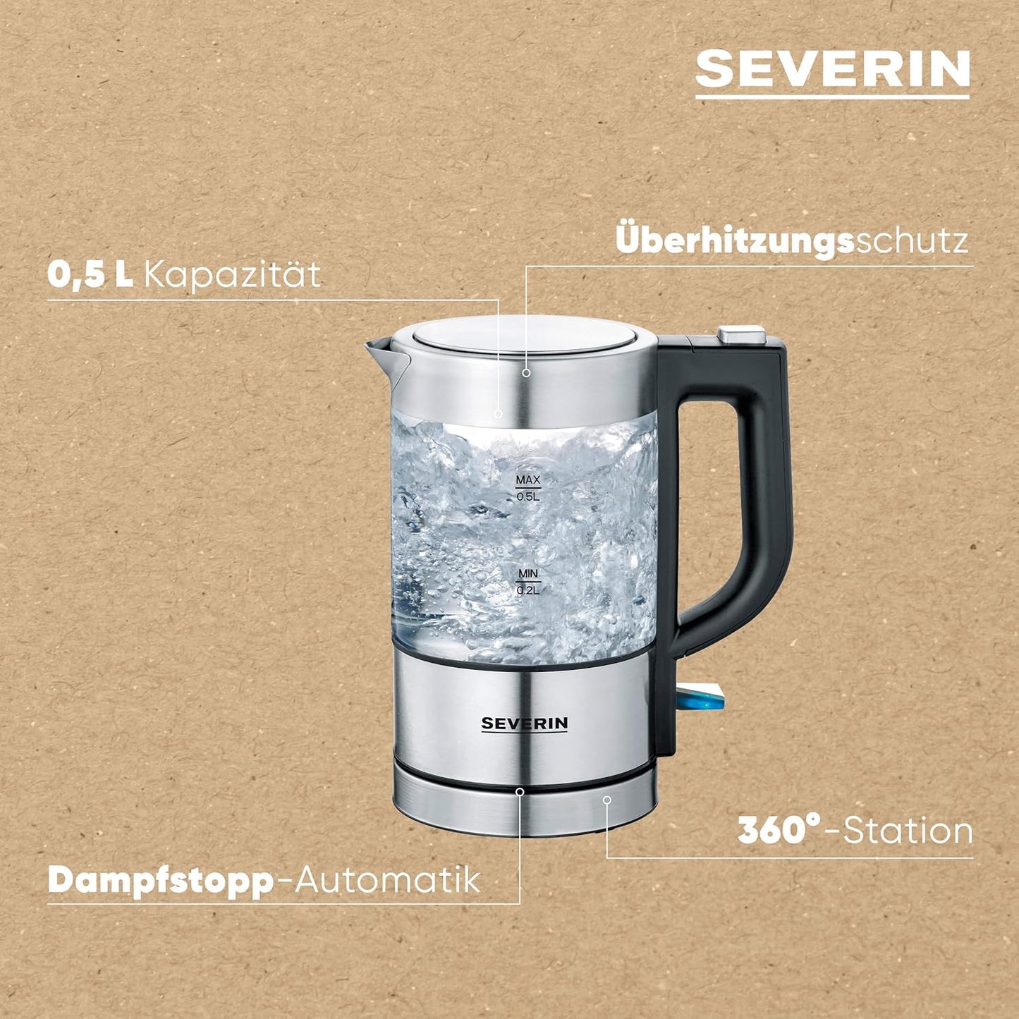SEVERIN Mini Glass Kettle 0.5L Stainless Steel Black Compact