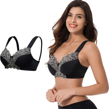 Curve Muse Plus Size Unlined Minimizer Wirefree Bra with Embroidery Lace