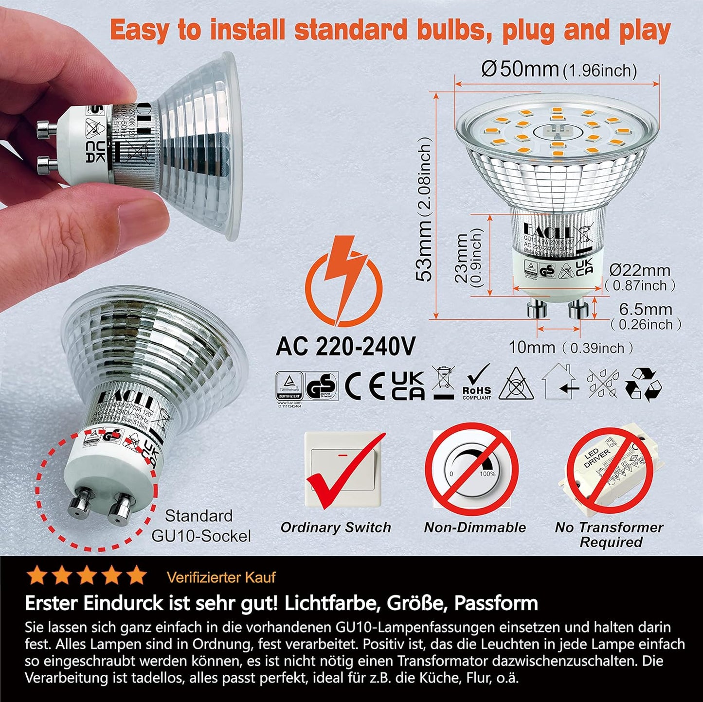 EACLL 4.9W GU10 Warm White LED Bulbs 8-Pack