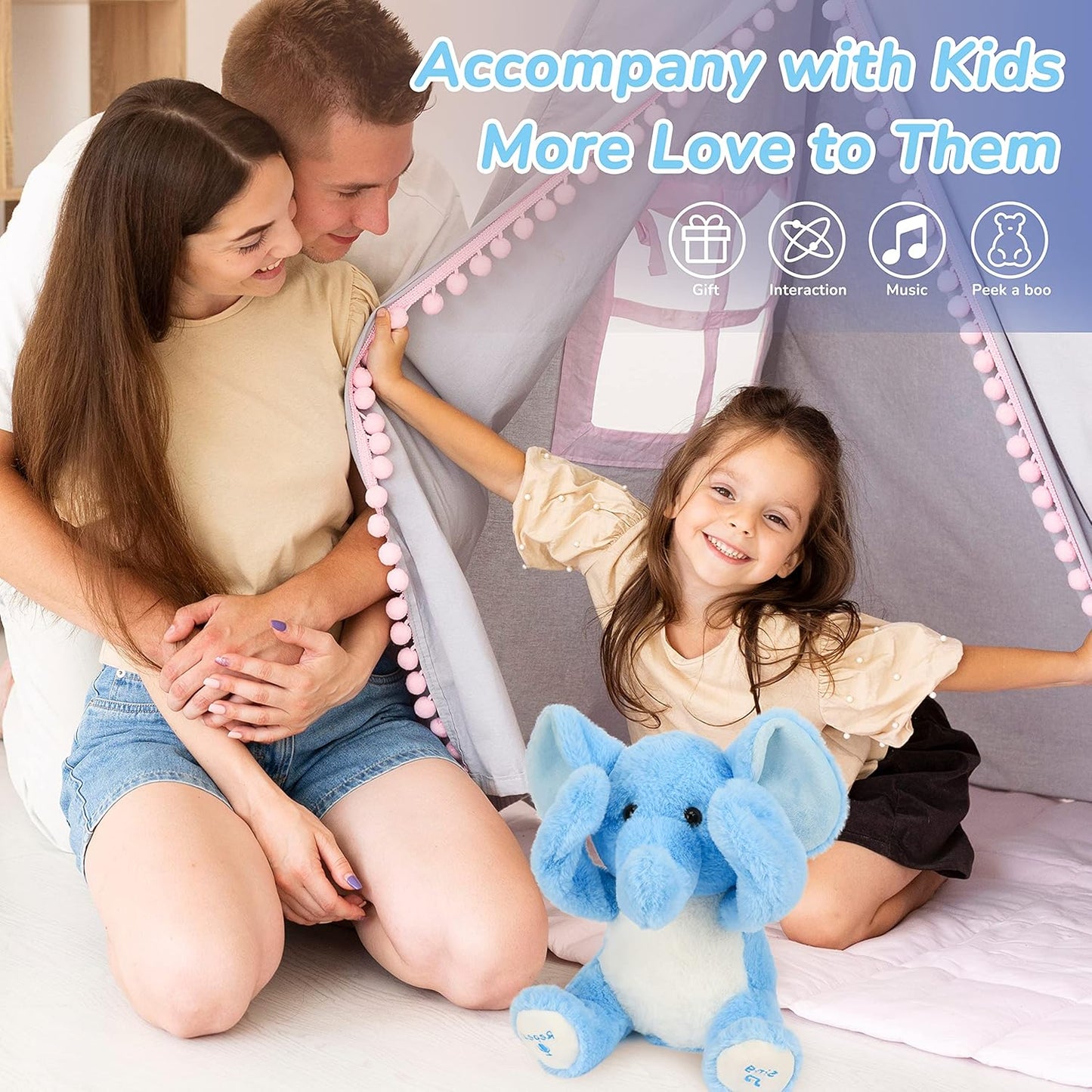 Hopearl Peek-A-Boo Interactive Singing Soft Elephant Plush Toy Blue