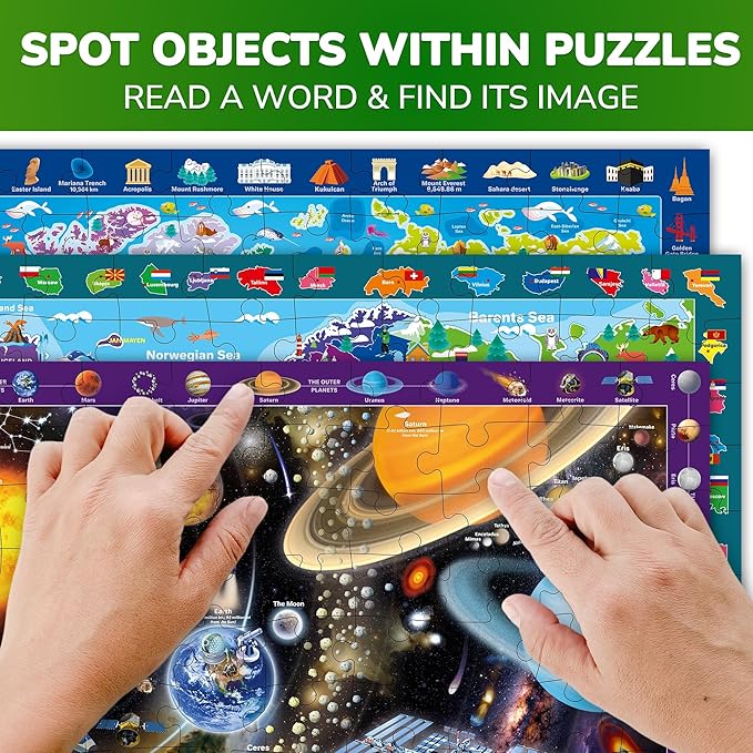 QUOKKA 100-Piece Educational Floor Puzzle x3 – World, Europe, Space