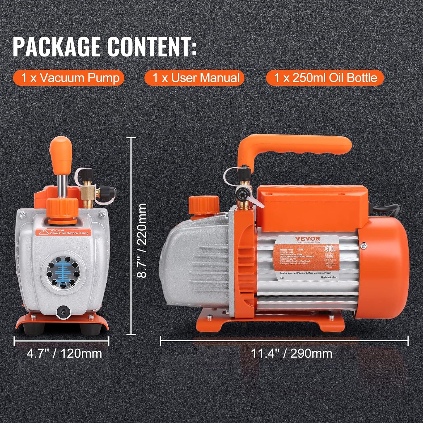 VEVOR 3.5 CFM 1-Stage HVAC Vacuum Pump with Oil