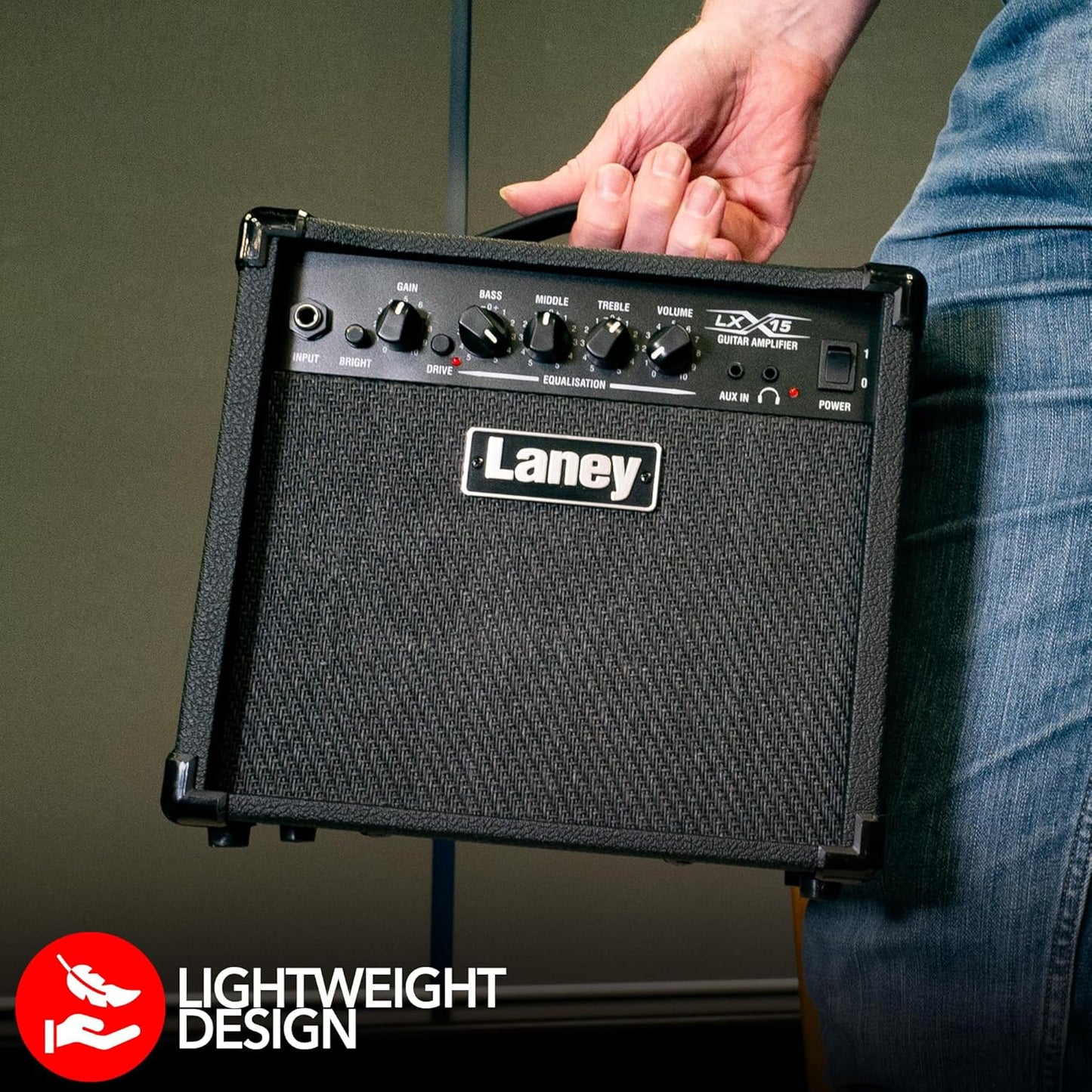 Laney guitar amplifier held by a person with 'Lightweight Design' text below.