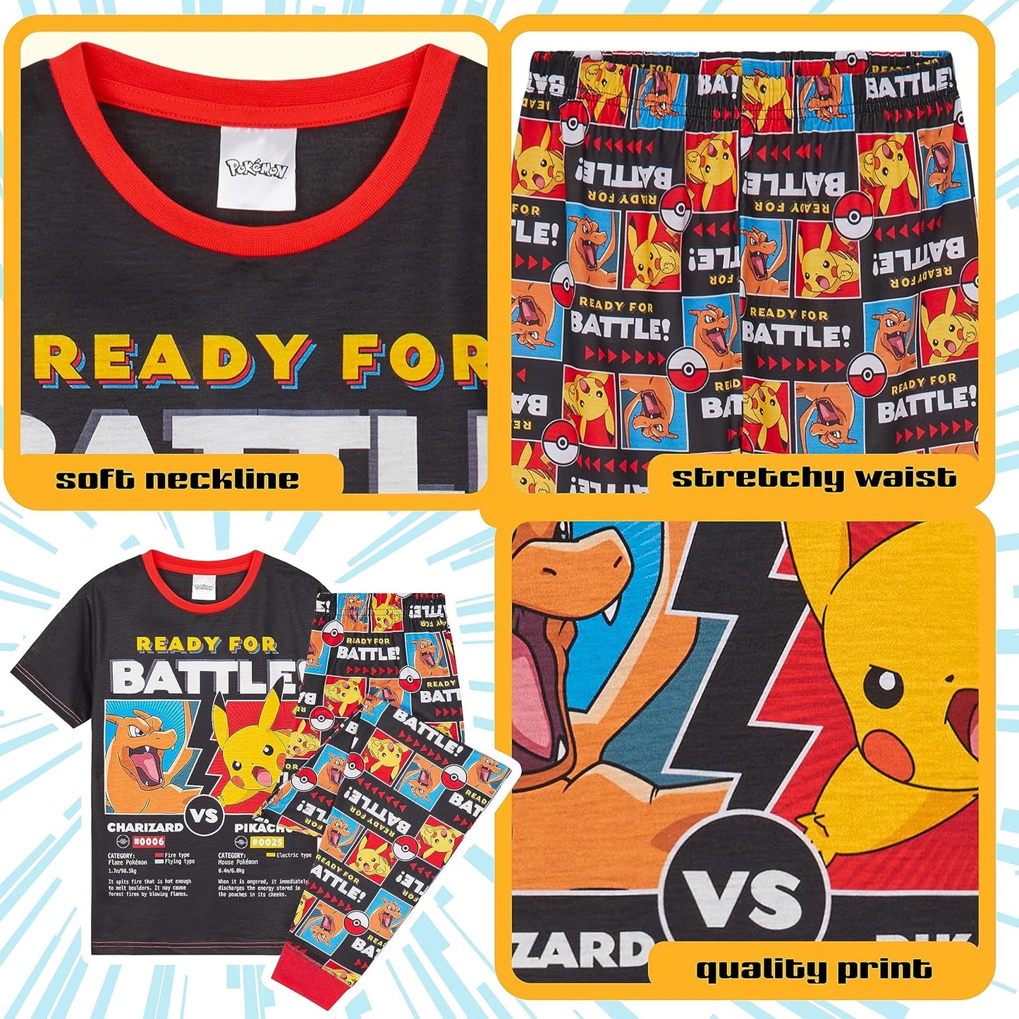 Pokemon Boys Pyjamas Set Comfortable Polyester Sleepwear