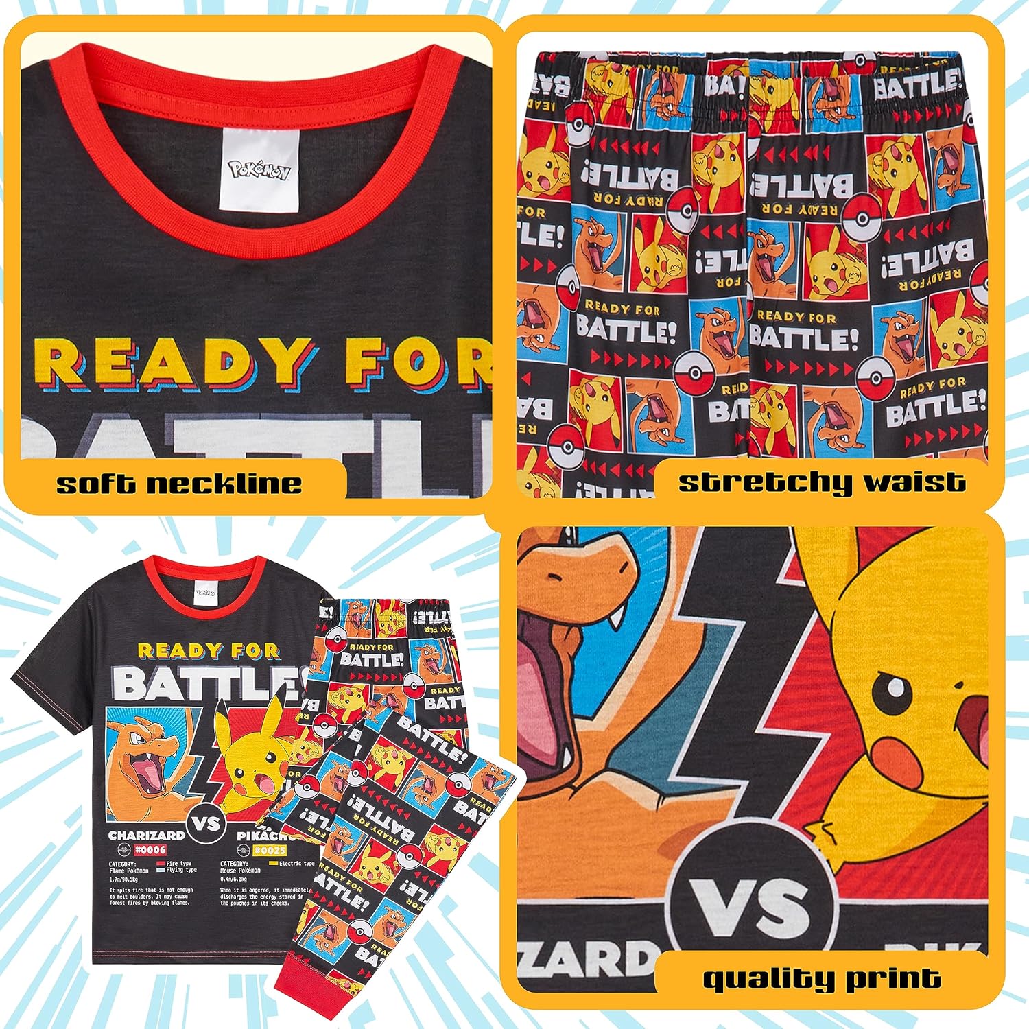 Pokemon Boys Pyjamas Set Comfortable Polyester Sleepwear