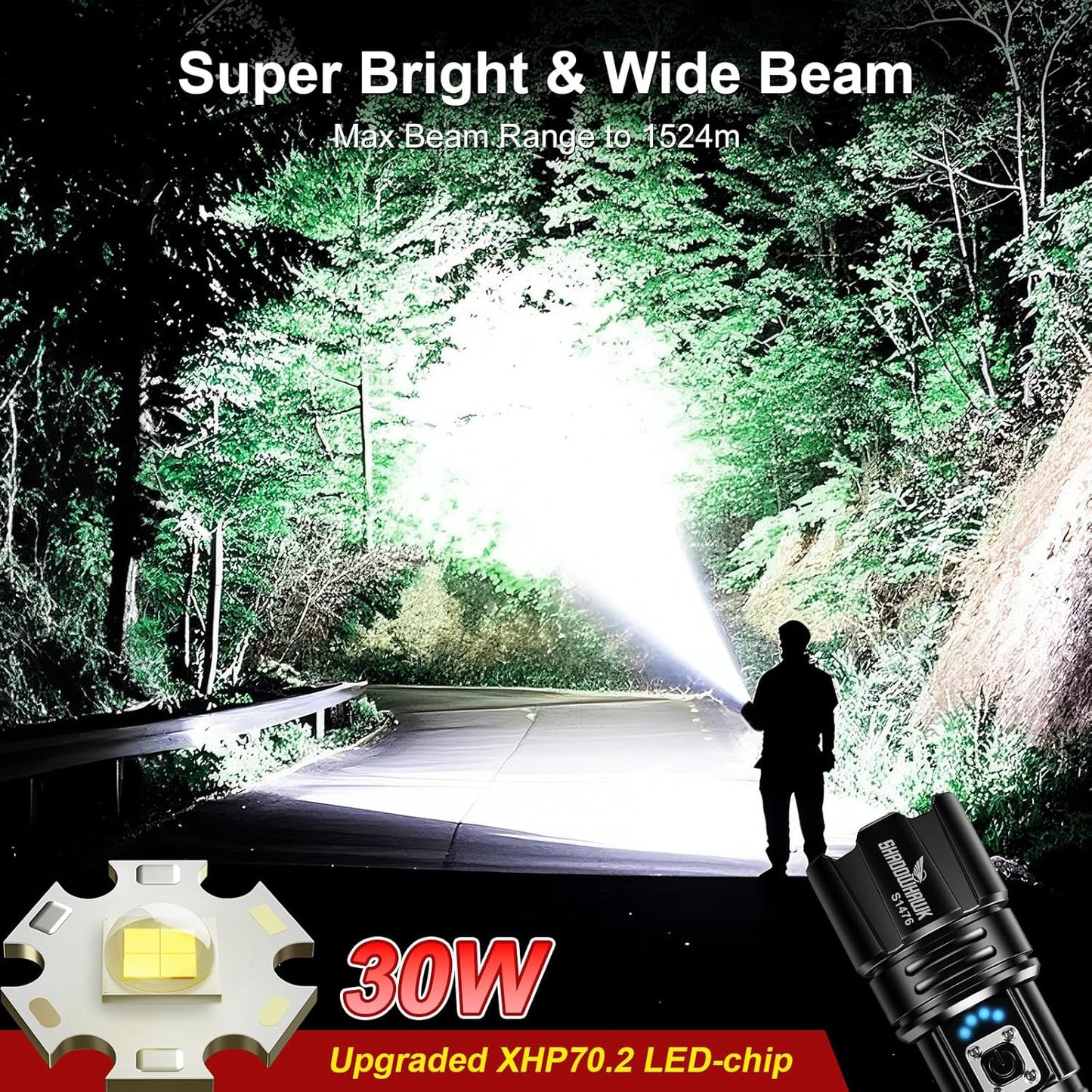 Shadowhawk 10000 Lumen XHP70.2 LED USB Rechargeable Tactical Flashlight