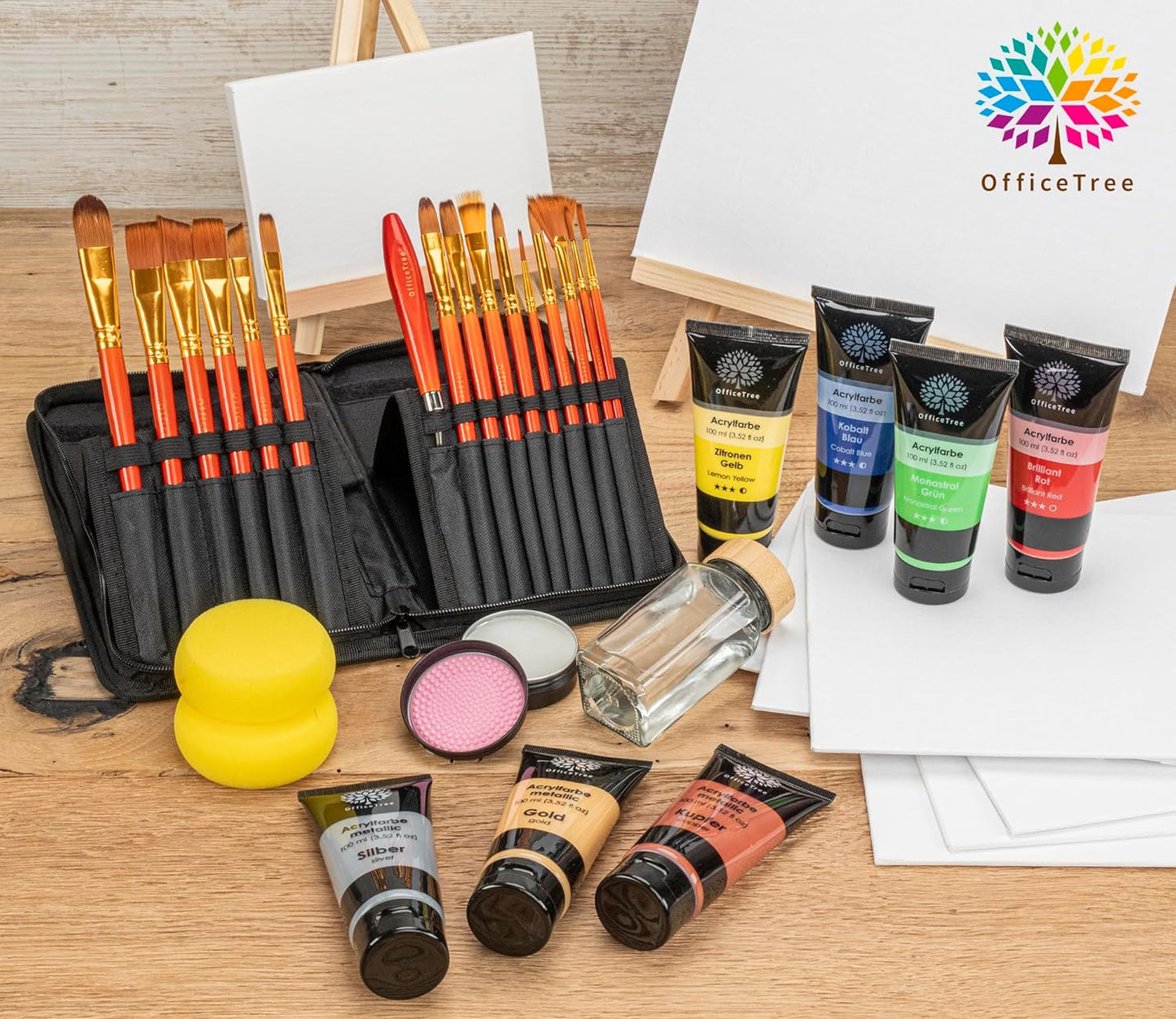 OfficeTree 20-Piece Acrylic Brush Set with Soap, Case, Palette Knife