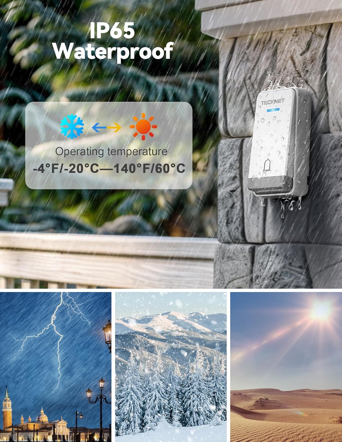 TECKNET Wireless Doorbell: Self-Powered, IP65 Waterproof, Long Range, 60 Chimes