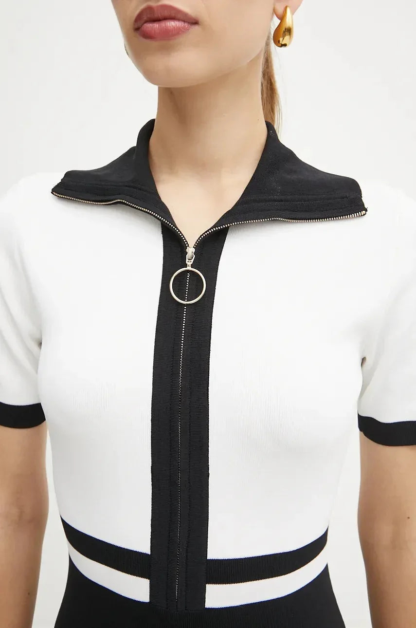 Chic Morgan RMICA Black Ribbed A-Line Mini Dress, Short Sleeves, Zip - Gomix Brands Outlet