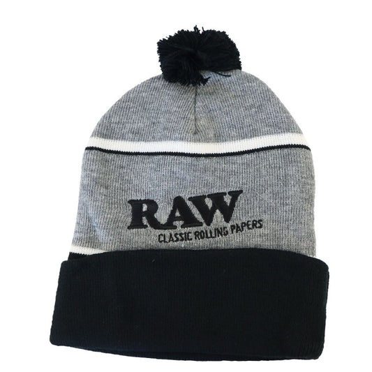 RAW Grey Pom Pom Knit Winter Beanie for Cozy Comfort