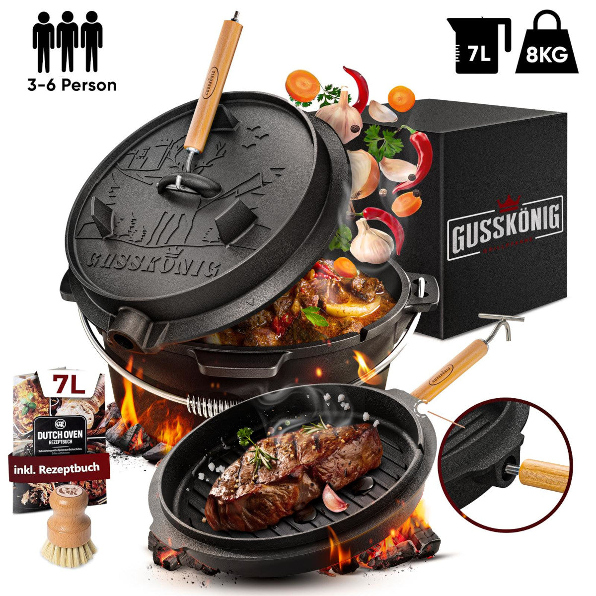 Premium Pre-Seasoned Cast Iron 7.4-Quart Dutch Oven Set with Feet & 2-in-1 Lid