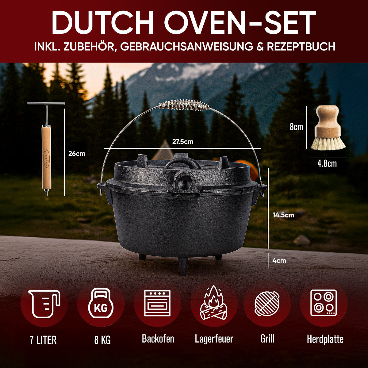 Premium Pre-Seasoned Cast Iron 7.4-Quart Dutch Oven Set with Feet & 2-in-1 Lid