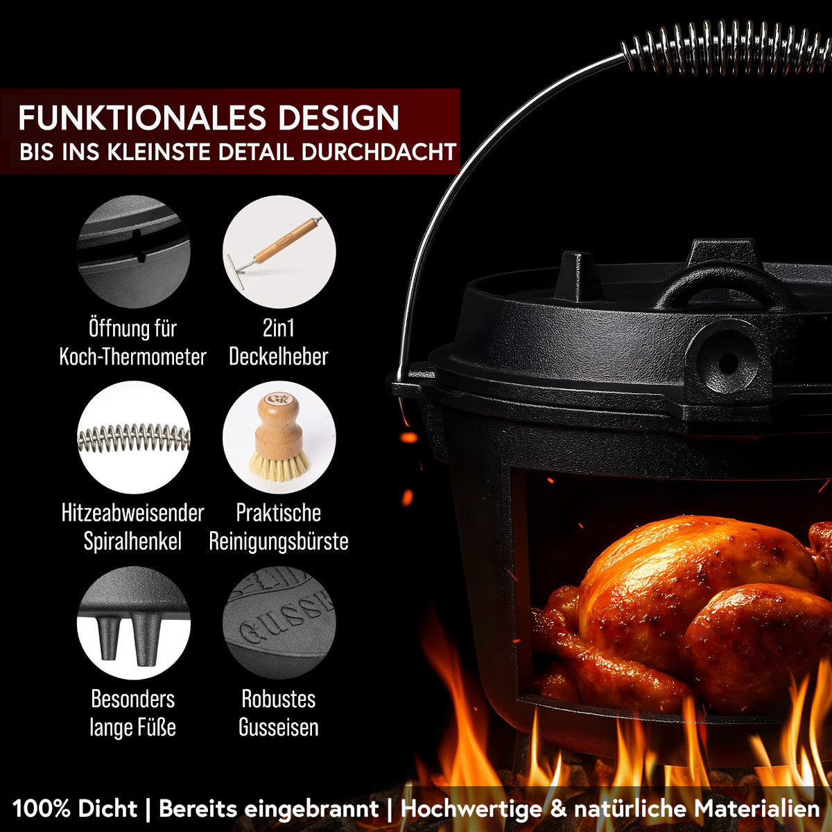 Premium Pre-Seasoned Cast Iron 7.4-Quart Dutch Oven Set with Feet & 2-in-1 Lid