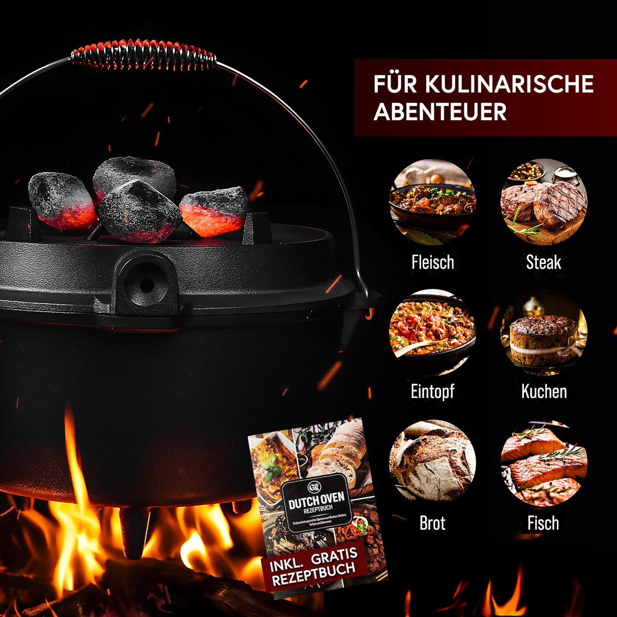 Premium Pre-Seasoned Cast Iron 7.4-Quart Dutch Oven Set with Feet & 2-in-1 Lid