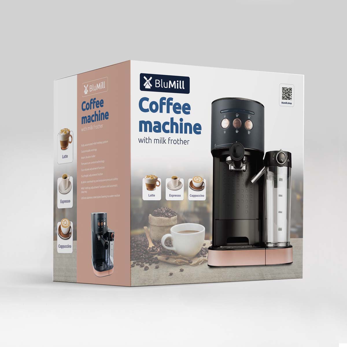 BluMill Coffee Machine: Espresso, Cappuccino, Latte Maker with Milk Frother