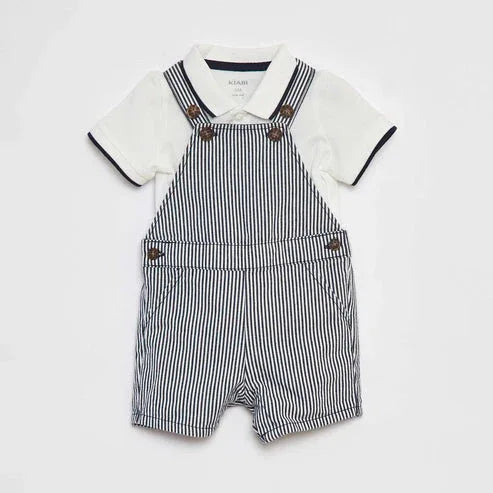 Kiabi Baby Boy White Cotton Polo & Striped Overalls 2-Piece Set - Gomix Brands Outlet