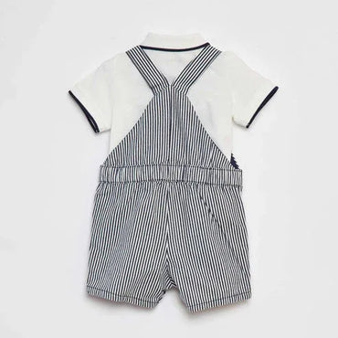 Kiabi Baby Boy White Cotton Polo & Striped Overalls 2-Piece Set - Gomix Brands Outlet