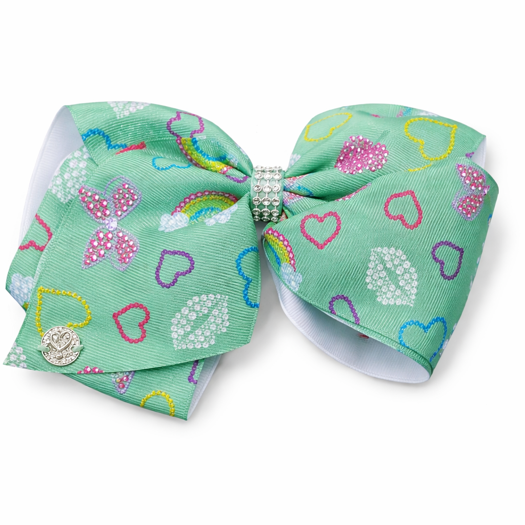 JoJo Siwa Large Signature Hair Bow – Mint Green Hearts & Rainbows