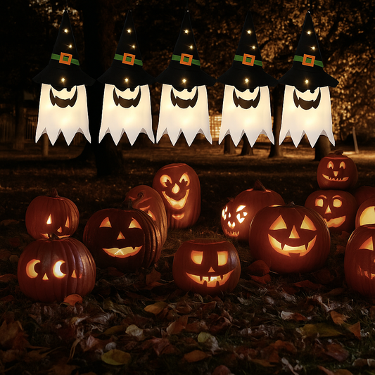 Five ghost string lights with witch hats hanging above glowing carved pumpkins for Halloween decoration