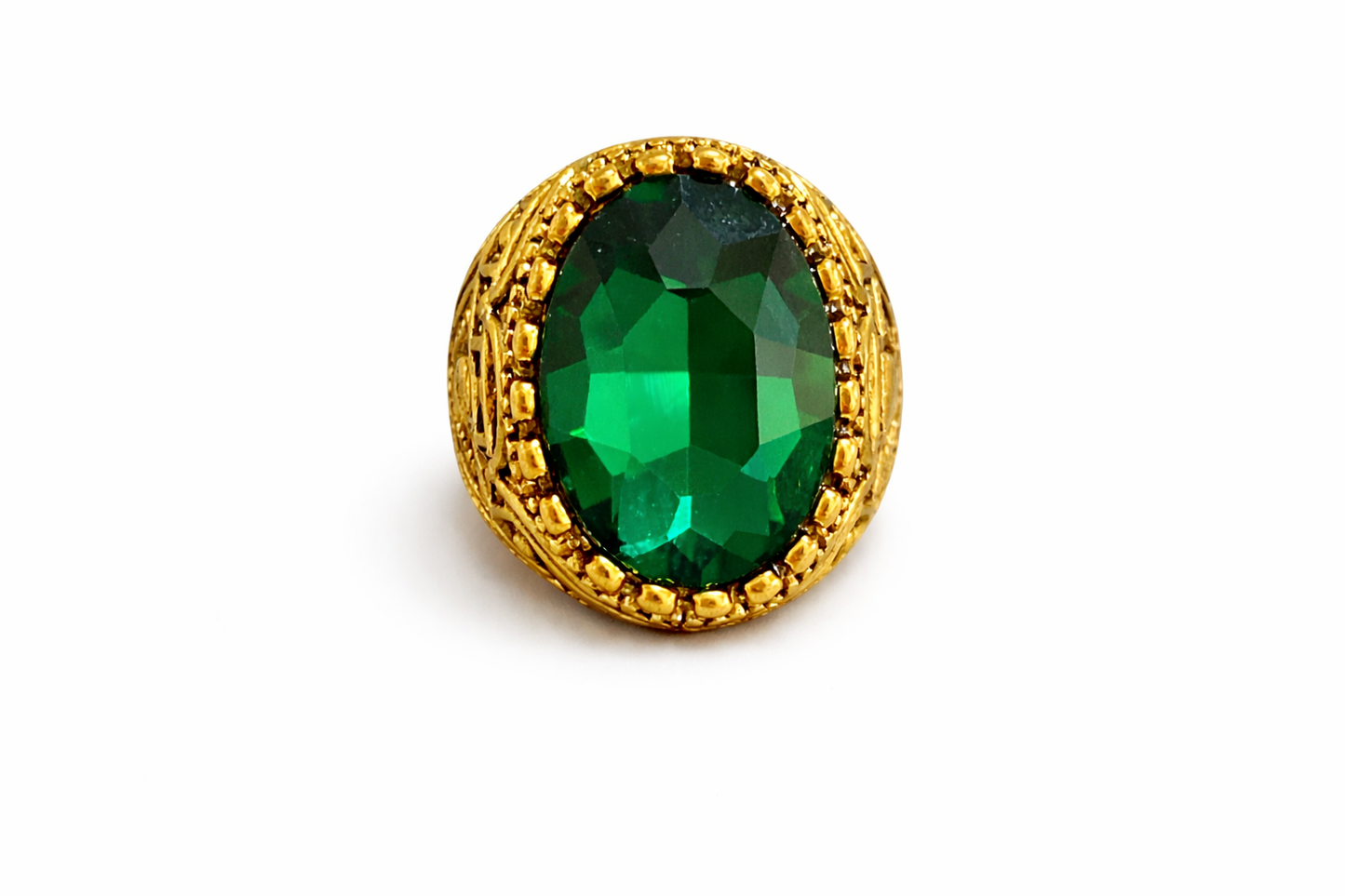 RVM Jewels Gold-Plated Vintage Ring with Green Emerald – Intricate Filigree Design