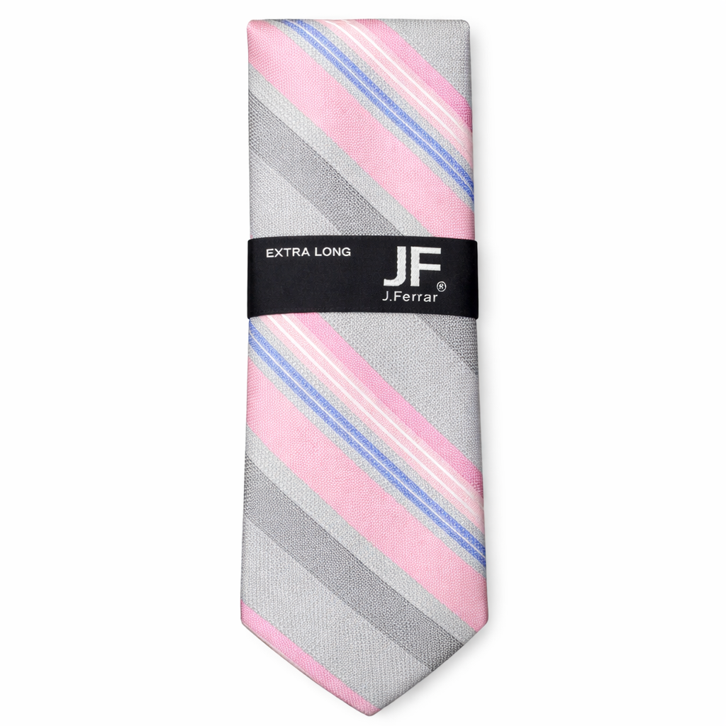 J.Ferrar Extra Long Striped Tie in Pink, Grey, and Blue