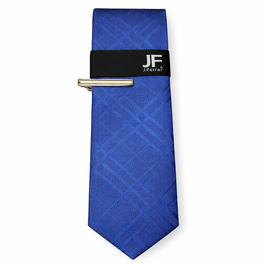 J.Ferrar Narrow Textured Blue Necktie with Silver Tie Clip