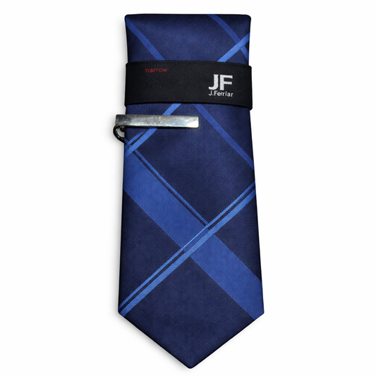 J.Ferrar Narrow Plaid Tie in Navy and Blue