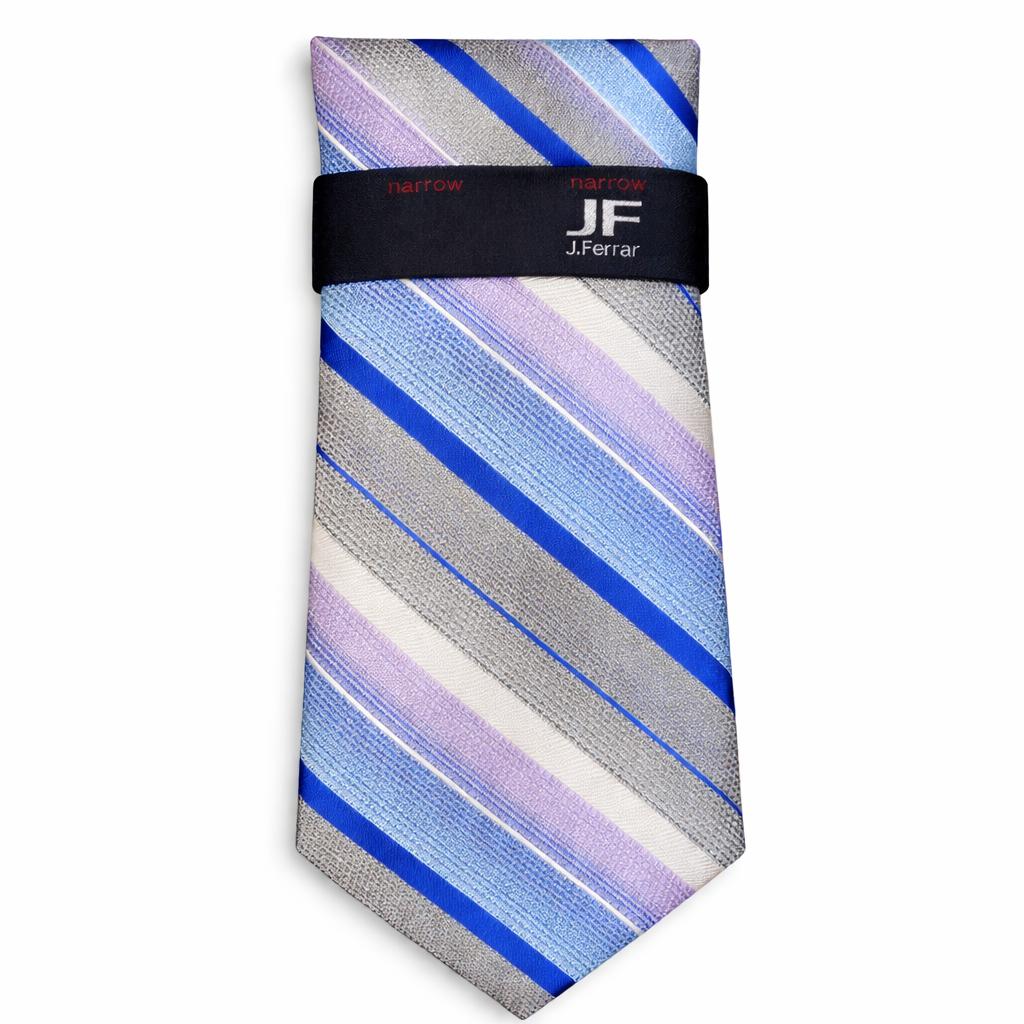 J.Ferrar Narrow Striped Tie in Blue, Purple, and Gray